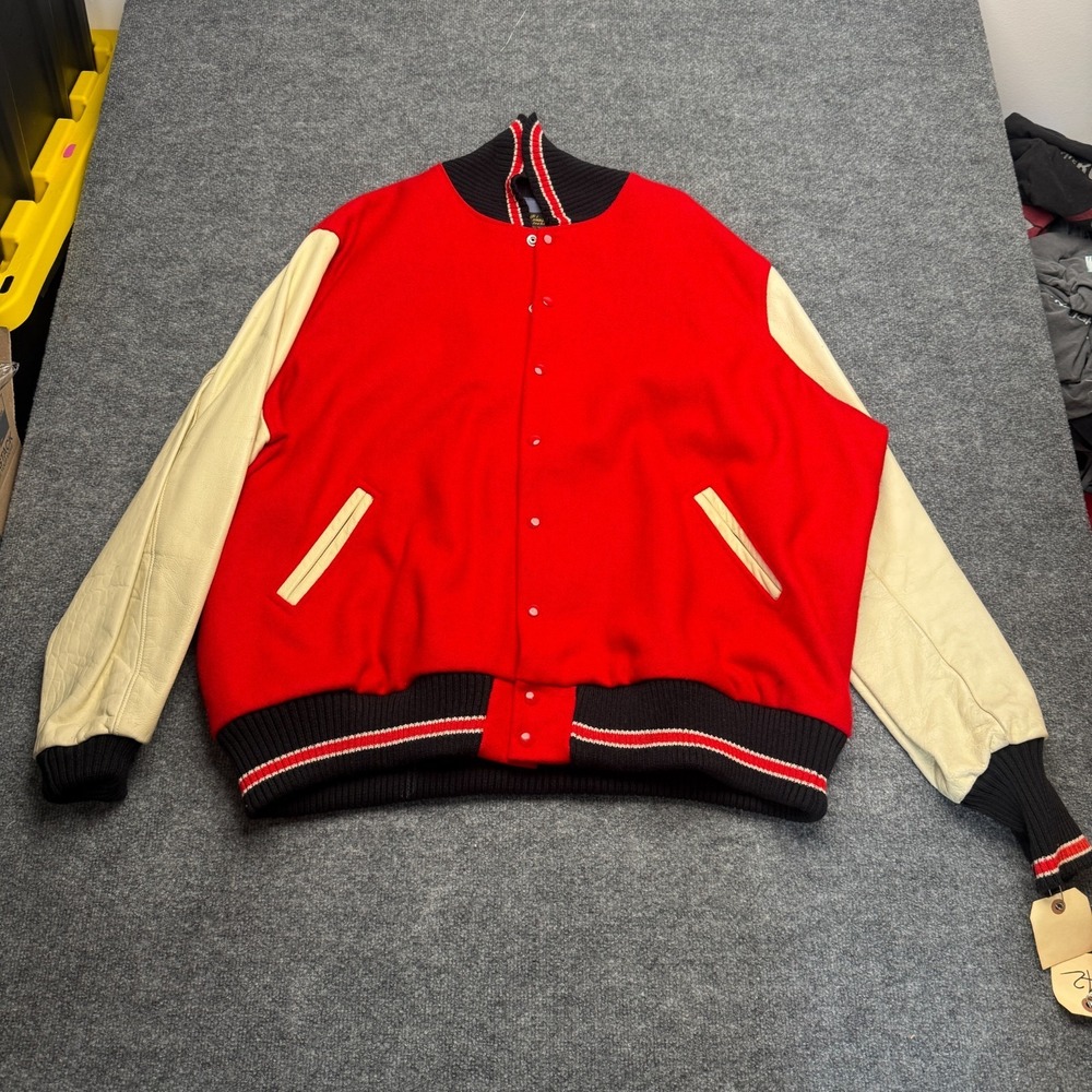 Vtg 1970s ALBION Award Jacket Red Wool Cream Leather Varsity Letterman USA 3XL